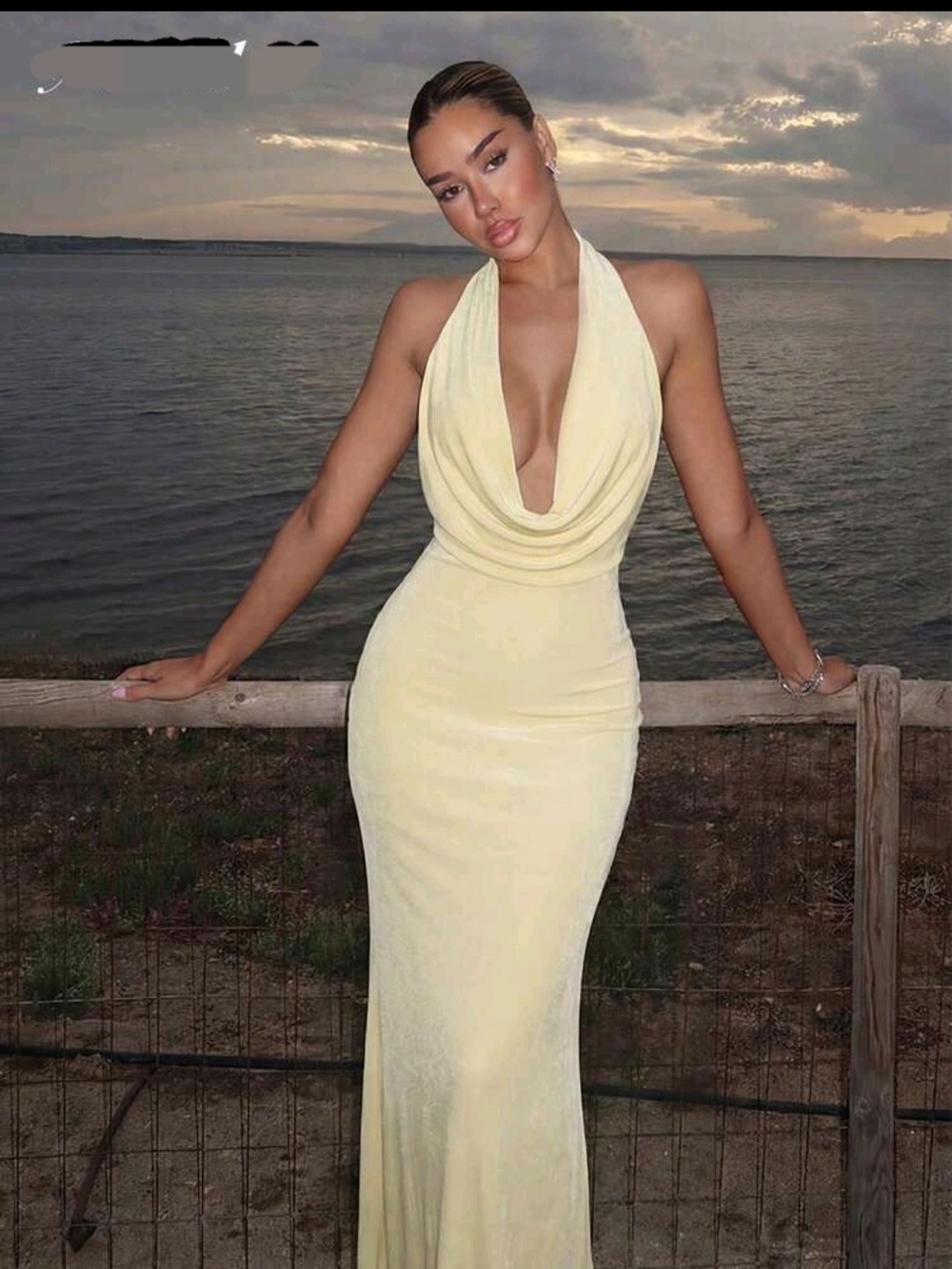 Elegant Halter Cowl Neck Maxi Dress in Pale Yellow